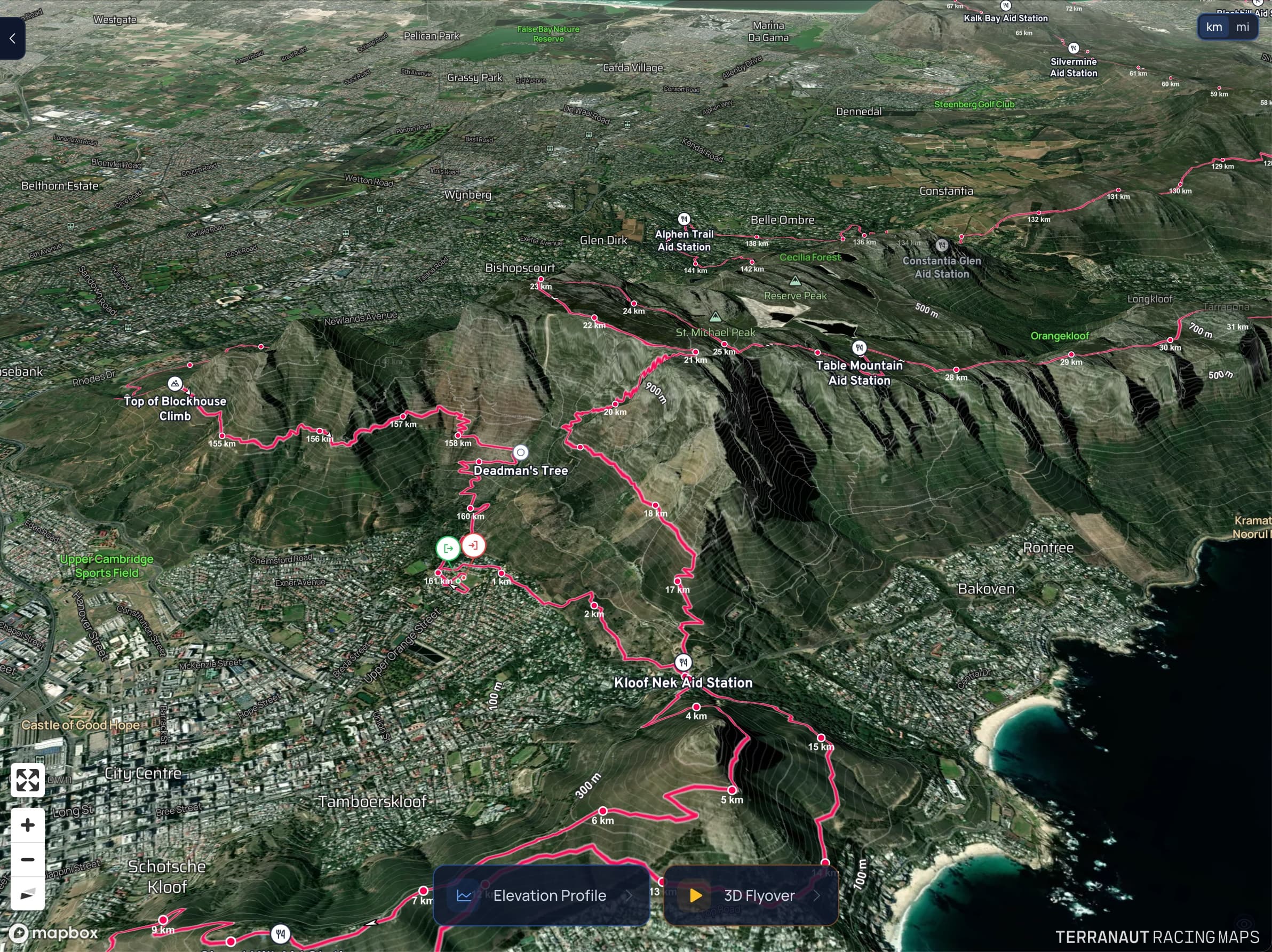 Ultra-Trail Cape Town course page with a Terranaut 3D race map embedded across the page