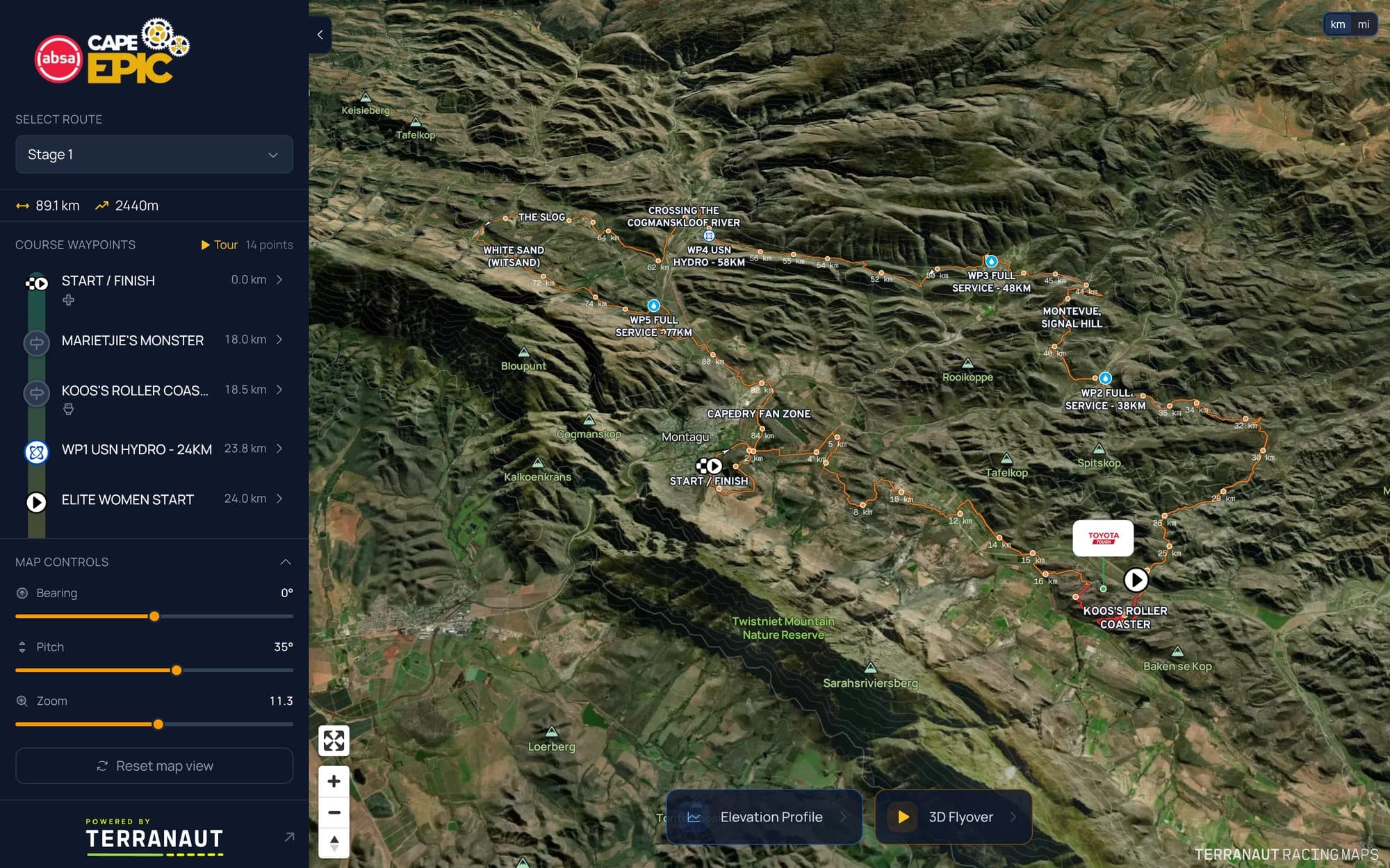 The full Cape Epic Stage 1 race map: event logo, route selector and waypoint list on the left, the 89 km route over 3D satellite terrain on the right