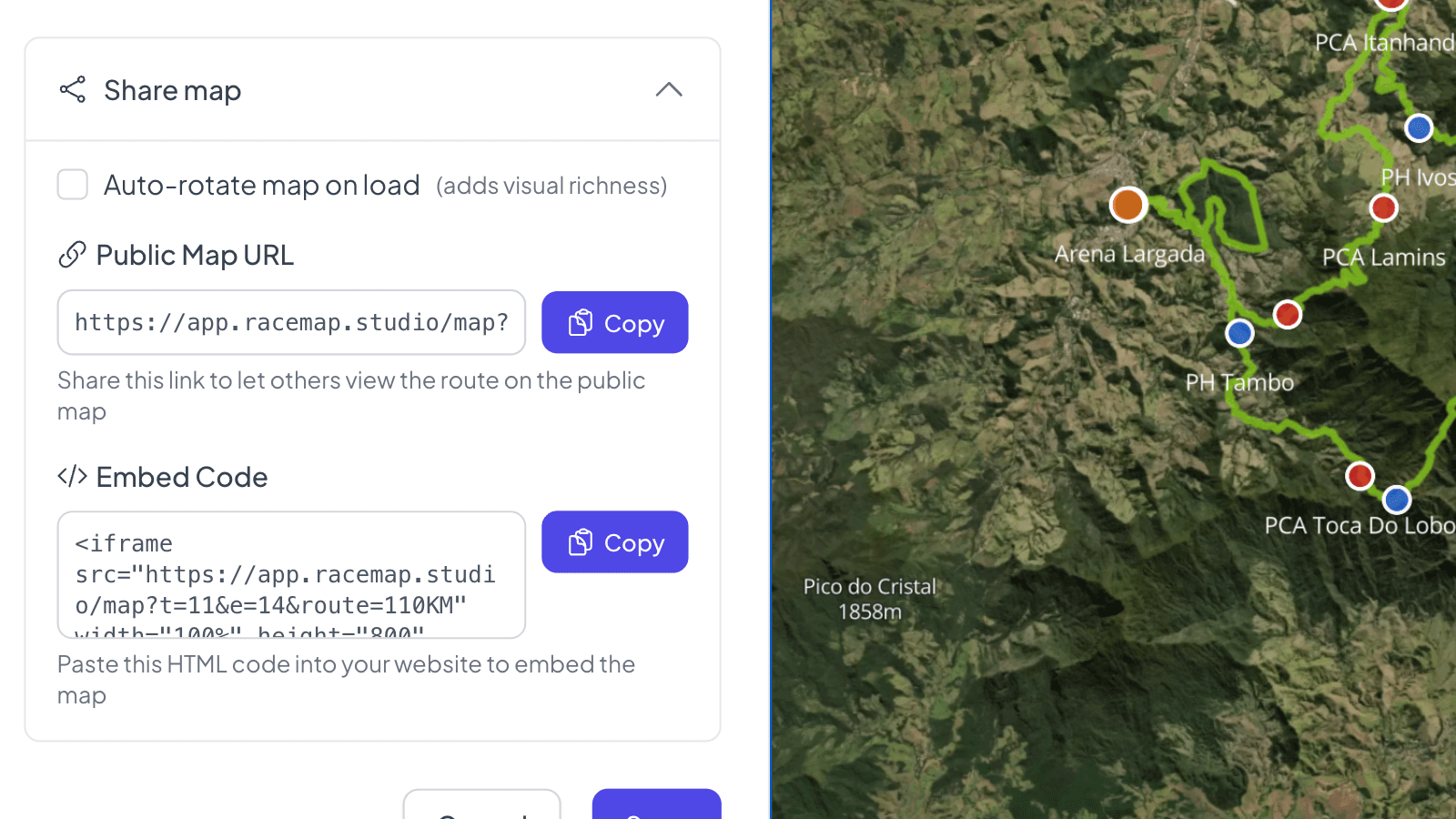 Terranaut admin — the share dialog with public map URL and one-iframe embed code