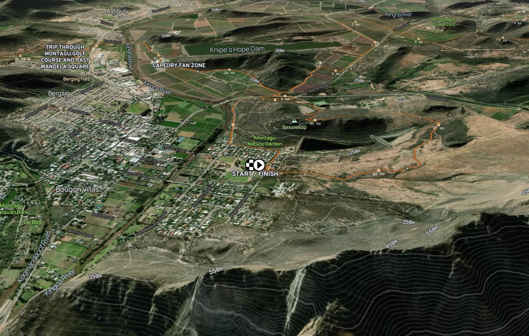 Satellite imagery over 3D terrain at the Cape Epic start and finish in Montagu, with the route, distance markers and place labels