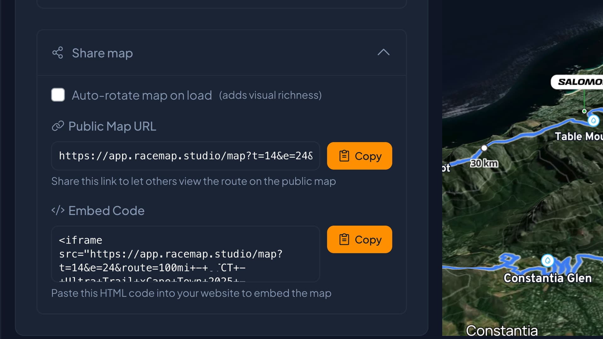 Terranaut admin, the share dialog with public map URL and one-iframe embed code
